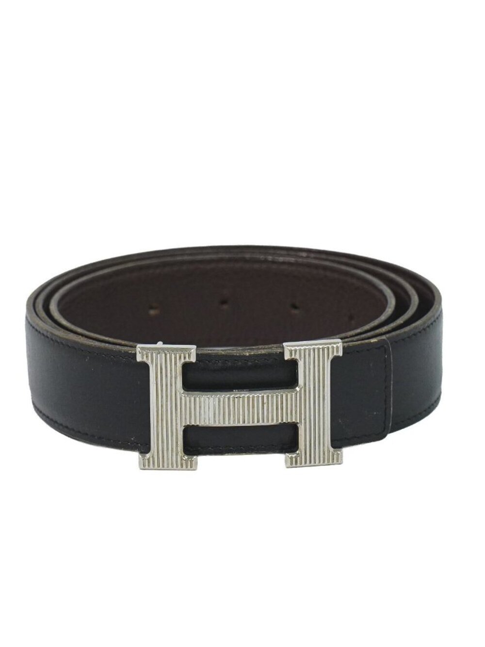 Hermes Strie Constance Reversible Belt 100 Leather Black Brown Silver